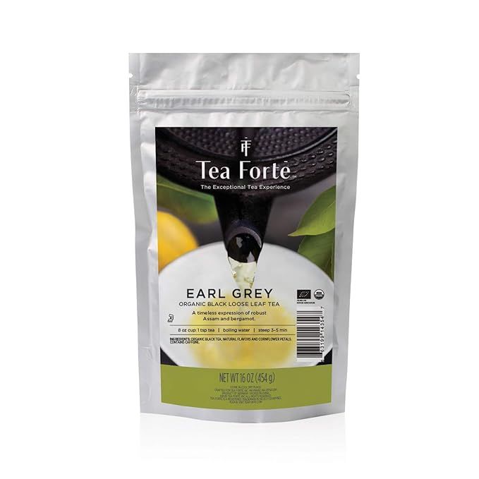 Tea Forte's Earl Grey Premium Organic Loose Leaf Black Tea Blend comes in a resealable 1 pound bag, making it convenient for storage and freshness. This blend of high-quality, organic black tea is enhanced with the citrusy flavor of bergamot to create a classic Earl Grey taste.