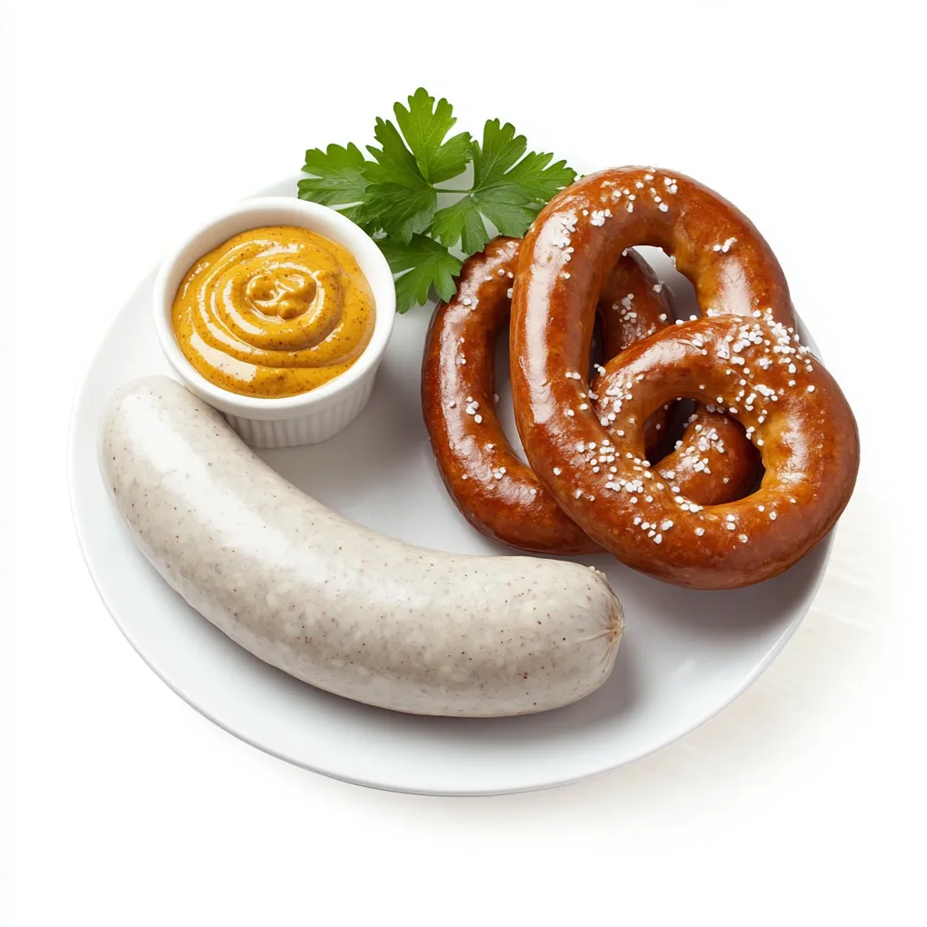 Weißwurst is a traditional Bavarian sausage made from minced veal and back bacon. It is seasoned with parsley, lemon, mace, onions, ginger, and cardamom. The sausages are usually flavored with fresh parsley, giving them a distinctive fresh flavor. Traditionally served before noon with sweet mustard and freshly baked pretzels, this dish is a staple during Oktoberfest and a beloved breakfast in Bavaria. The sausages are poached in water or white beer and meant to be eaten without the skin. Accompany this meal with a cold wheat beer for an authentic German experience.