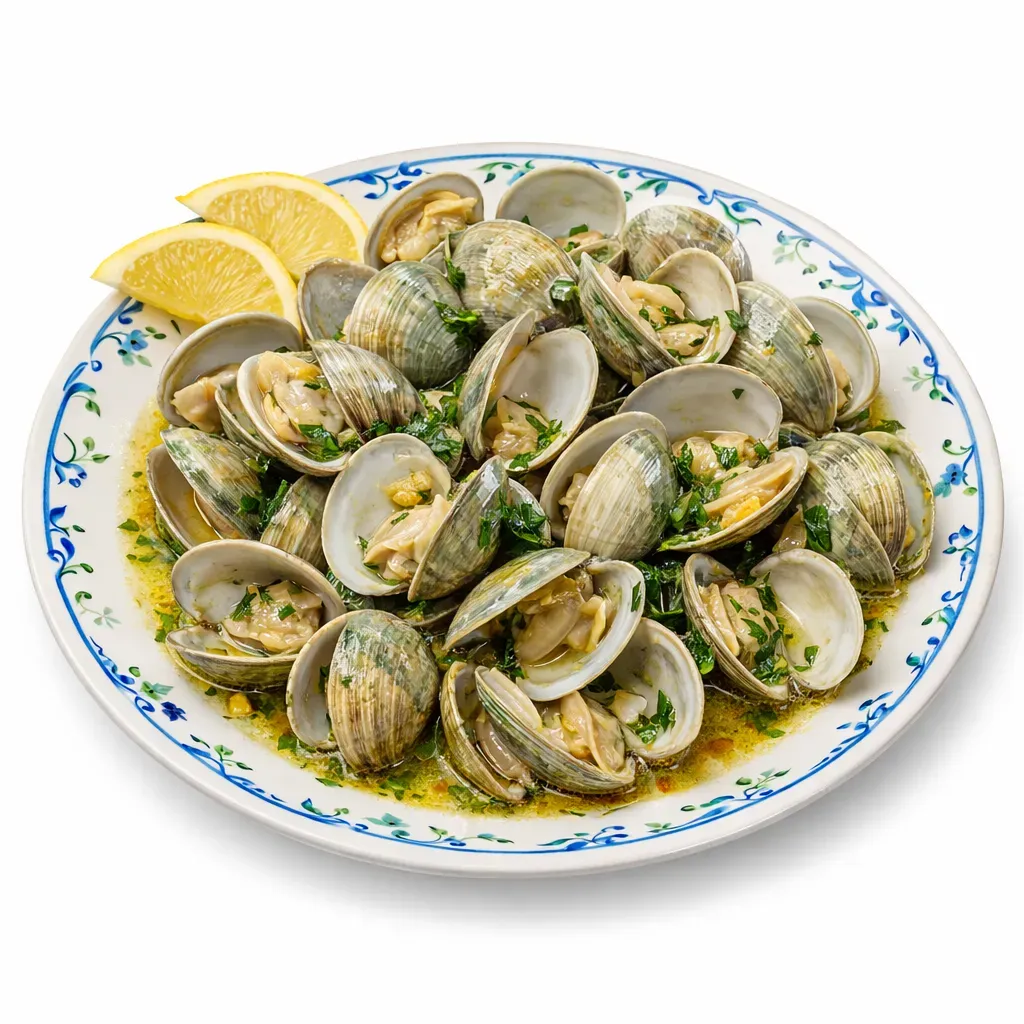 A classic Portuguese appetizer featuring steamed littlenecks in a flavorful garlic and wine sauce, served with crusty bread.