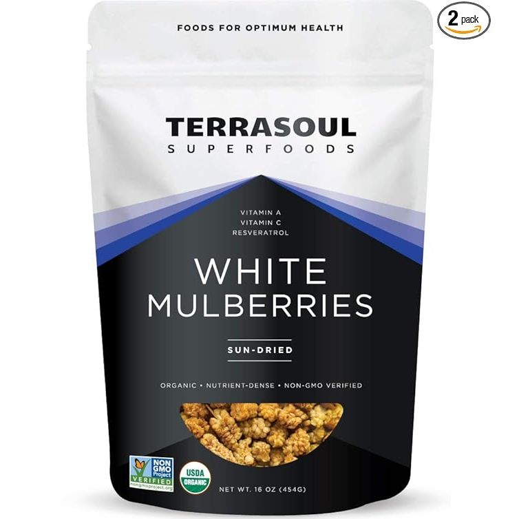 Terrasoul Superfoods Organic Sun-dried White Mulberries are a nutritious and convenient snack option that can also be used as a smoothie booster or a topping for yogurt. This pack contains 2 pounds of high-quality, organic, and sun-dried white mulberries, providing a sweet and delicious flavor.