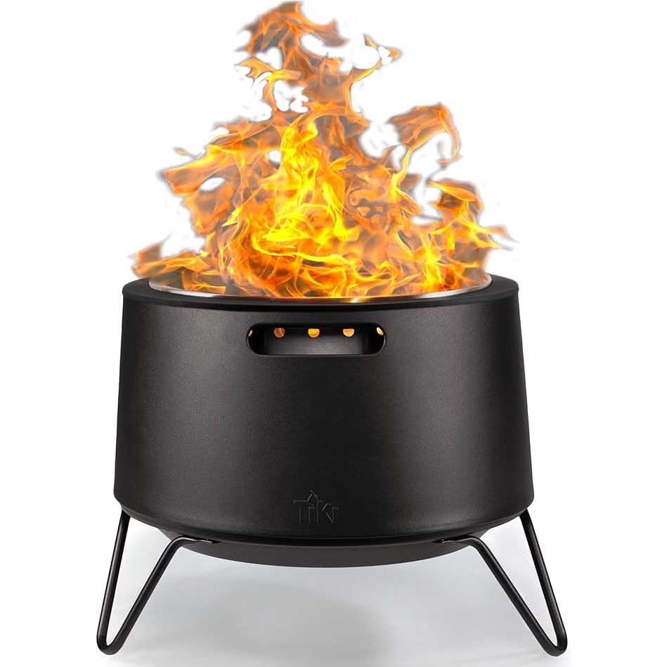 The TIKI Brand Smokeless 20 Inch Social Fire Pit is a wood-burning outdoor fire pit designed for a smoke-free experience. It is equipped with a unique airflow system that minimizes smoke and ash, making it perfect for outdoor gatherings with friends and family. The fire pit includes a cloth cover and stand for added convenience and portability.