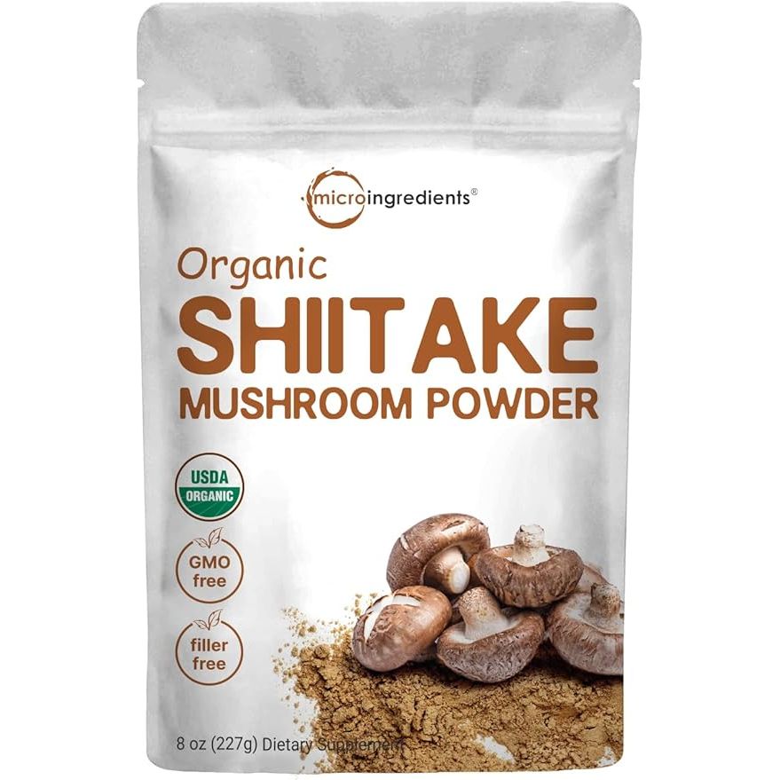 Micro Ingredients Organic Shiitake Mushroom Powder is an 8-ounce product made from the highest quality dried shiitake mushrooms. This powder provides a stronger umami flavor compared to fresh mushrooms, making it a versatile ingredient for various dishes.