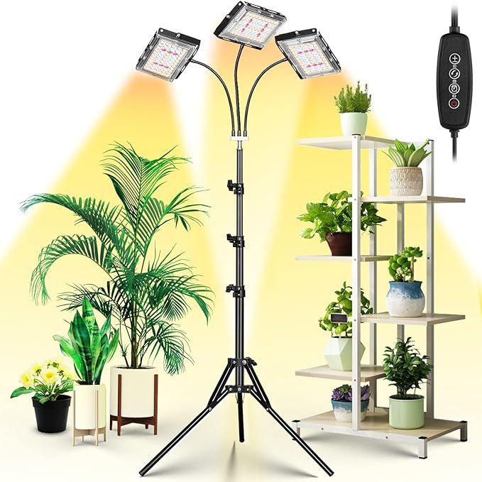 The LBW Grow Light with Stand is a versatile and adjustable plant light designed for indoor plants. It features three heads with a total of 150 LEDs, providing a full spectrum of light to promote healthy growth for your plants.