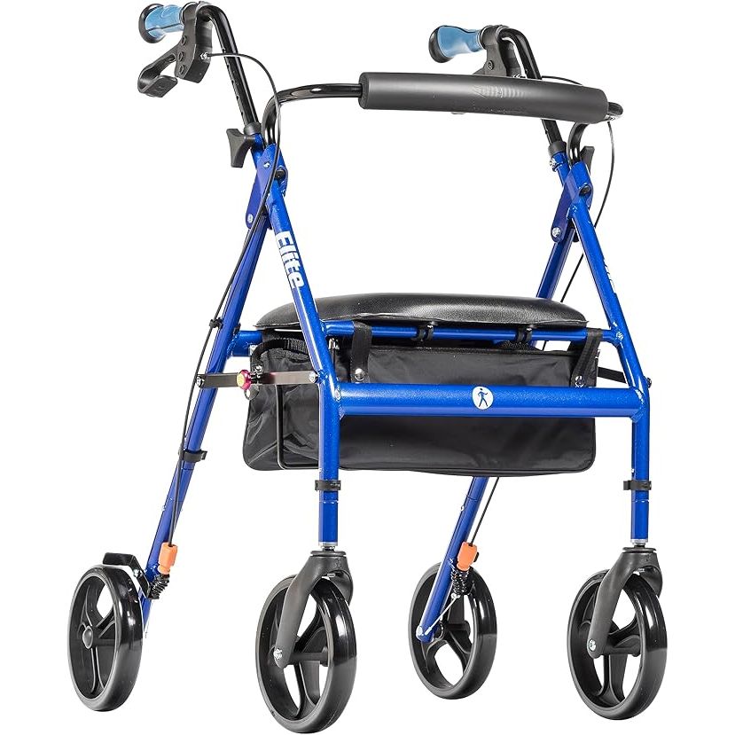 The Drive Medical Hugo Elite Rollator Walker is a popular mobility aid designed to provide support and assistance for individuals with limited mobility. This rollator features a comfortable seat, backrest, and a convenient basket for carrying personal items. The blue color gives it a stylish and modern look.