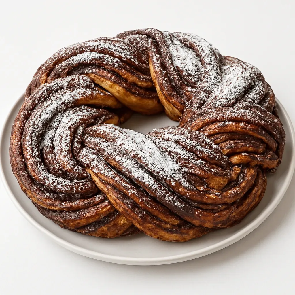 A stunning dessert pastry that combines the warmth of cinnamon and the richness of chocolate, shaped into a beautifully braided wreath, perfect for special occasions or delightful treats.