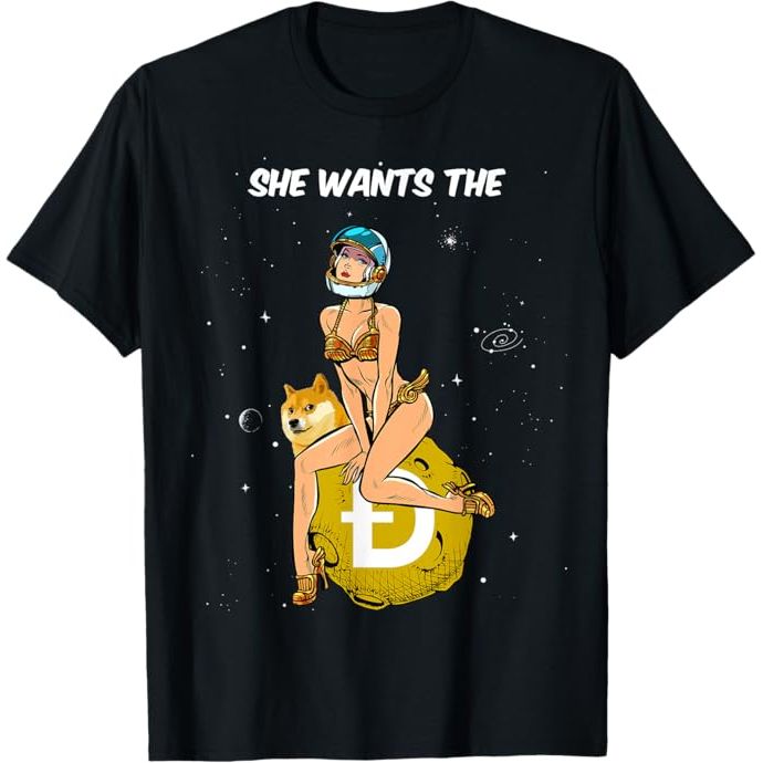 The Cryptocurrency She Wants The Dogecoin Doge Crypto Moon T-Shirt is a graphic t-shirt that features the famous Shiba Inu dog mascot of the Dogecoin cryptocurrency. The design of the shirt includes a playful and colorful depiction of the dog with the words "She Wants the Dogecoin" and "Crypto Moon" written on it.