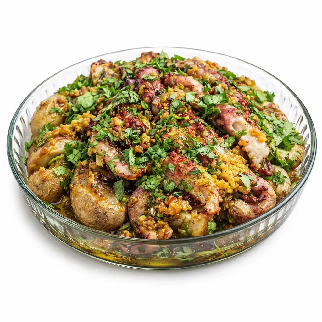 Experience the authentic flavors of Portugal with this delightful main course dish that combines tender, simmered octopus with perfectly baked and smashed potatoes, elevated by a rich olive oil sauce infused with garlic and onion.