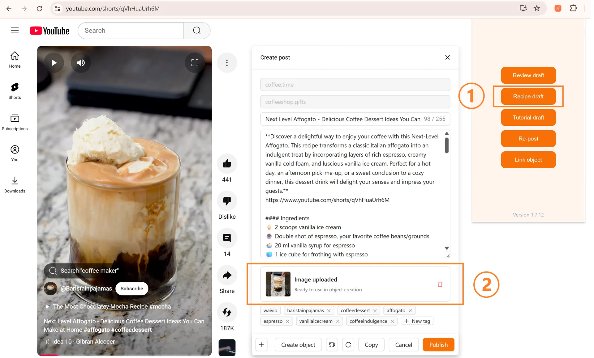 Extension steps: 1) Recipe Draft button  2) Replaceable screenshot for avatar
