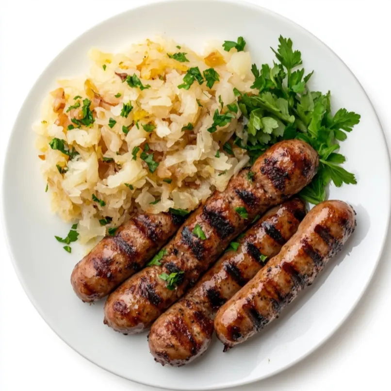 This recipe features the classic German pairing of grilled bratwurst sausages with tangy sauerkraut. The bratwursts are seasoned and grilled to perfection, offering a smoky and succulent flavor, while the accompanying sauerkraut is a fermented cabbage dish that's both tangy and slightly sour.