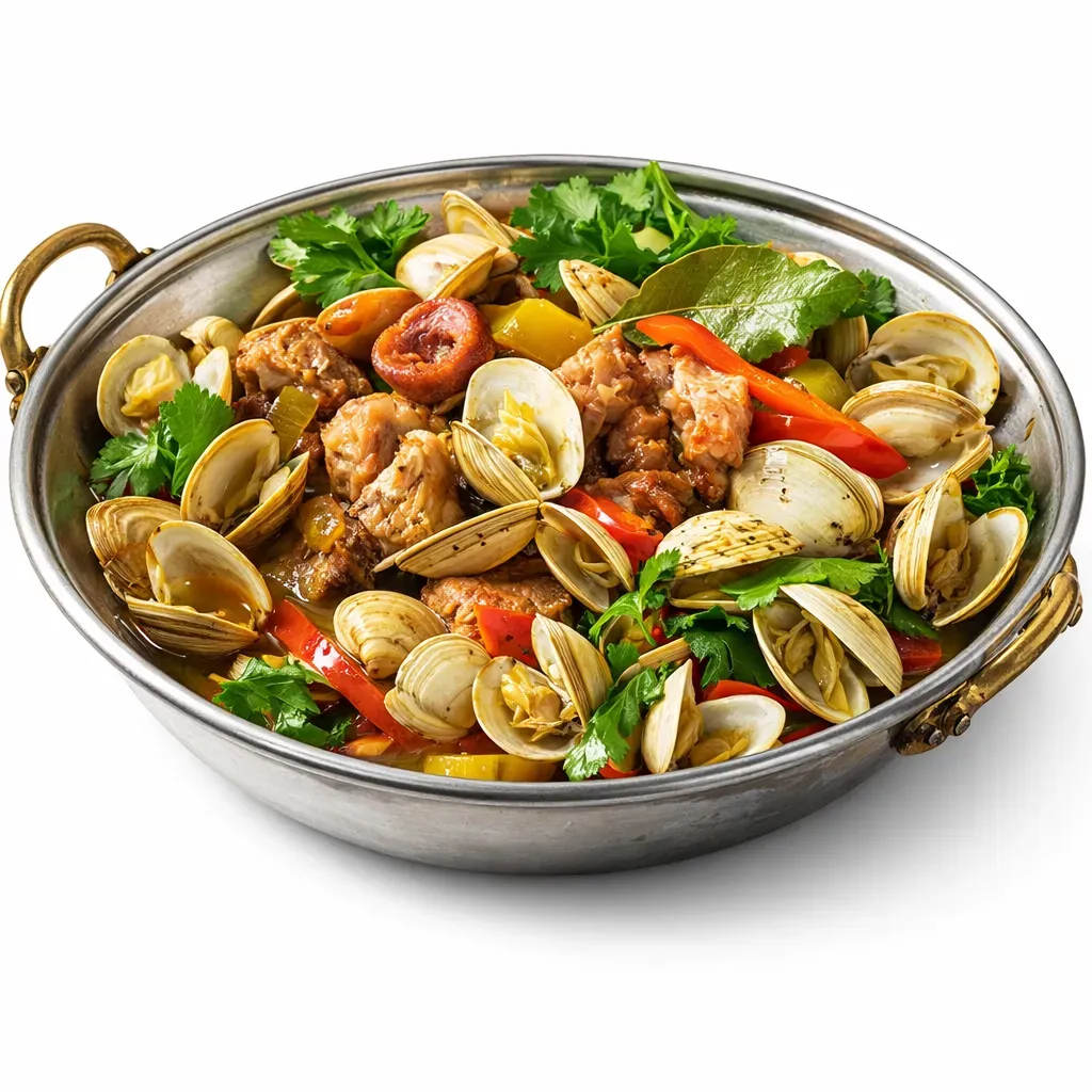 A flavorful dish from Portugal, combining tender pork, clams, colorful bell peppers, and sweet potatoes, all simmered together for a delightful meal.