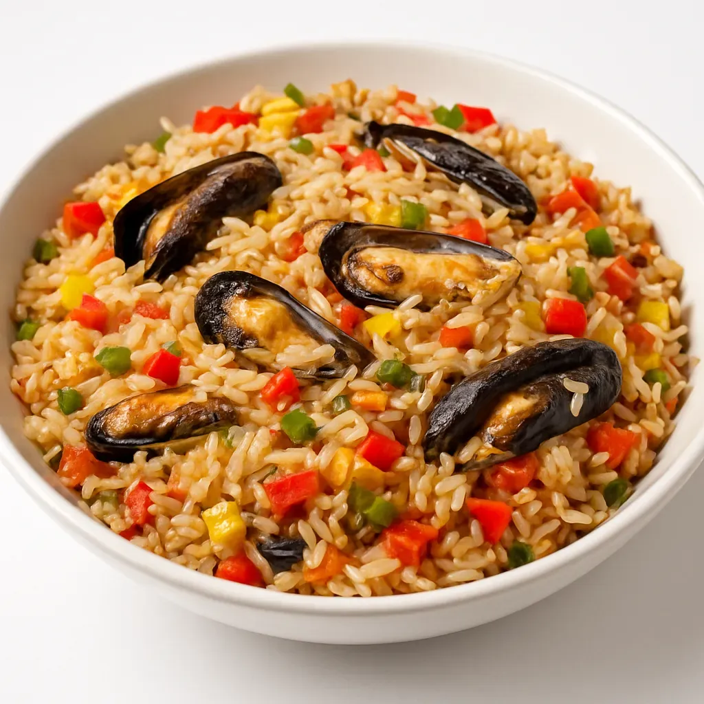 A Brazilian and Portuguese seafood and rice dish, reminiscent of paella, featuring mussels, colorful vegetables, and fragrant spices.