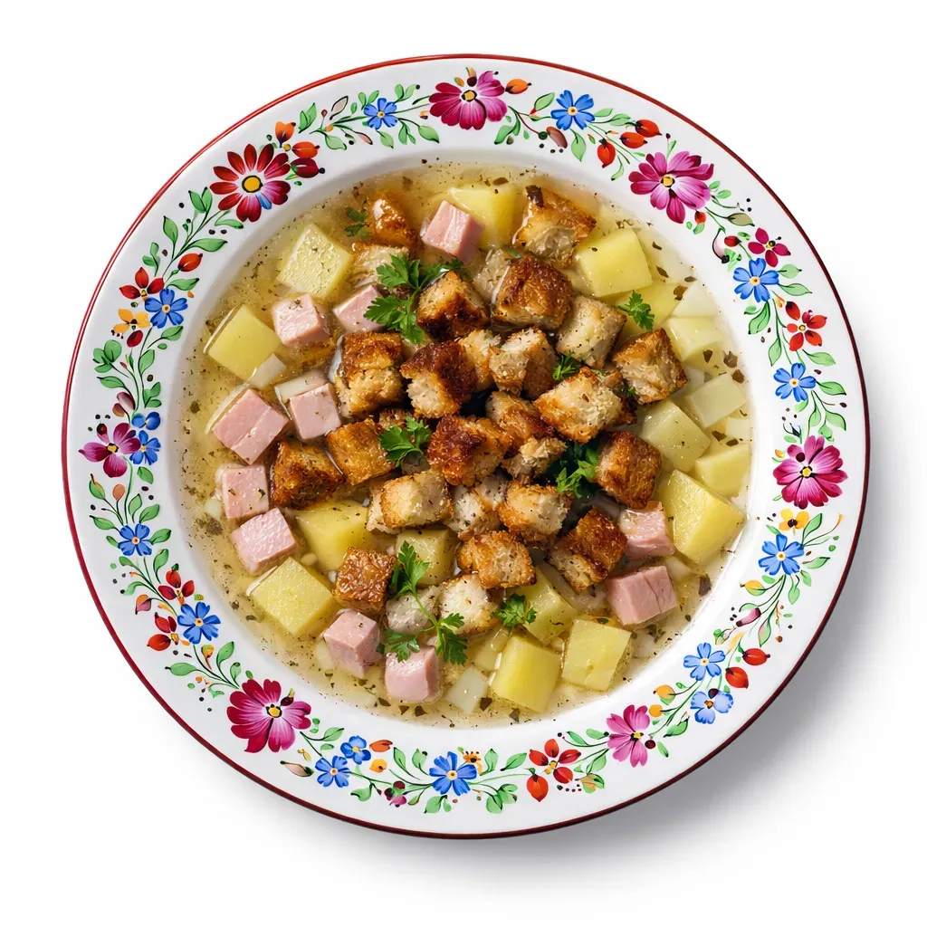 A comforting garlic soup rich in flavor, made simple with potatoes and seasoned with marjoram, perfect as a light appetizer or main dish.