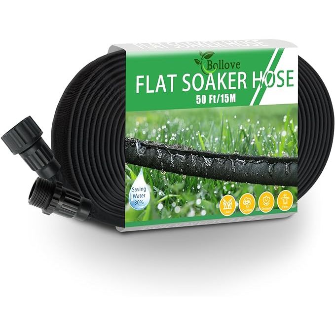 The Flat Soaker Hose 50ft is a heavy-duty, double-layer design hose that is designed for drip irrigation in gardens, lawns, flower beds, and vegetable fields. This hose is uniquely designed to save up to 80% water compared to traditional watering methods, making it an eco-friendly choice for watering plants.