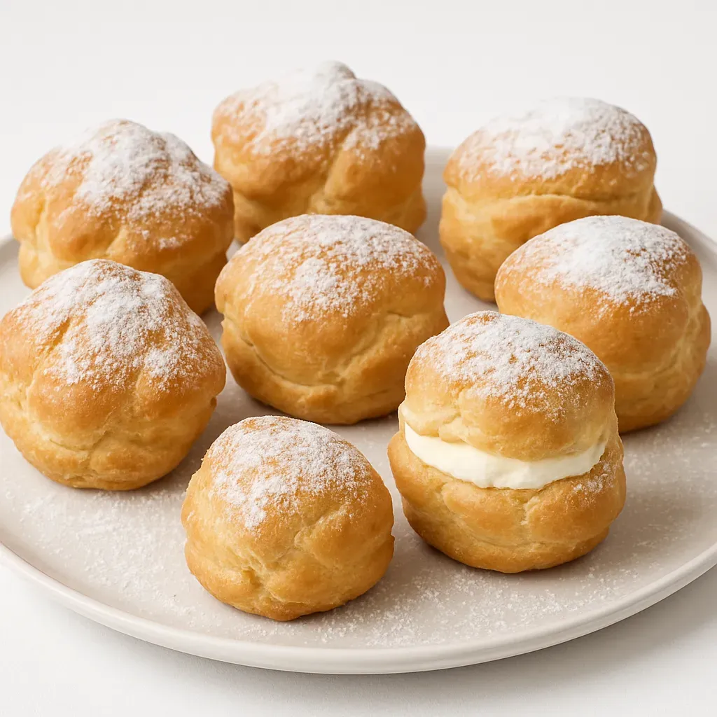 Indulge in a delightful culinary journey with these classic Latvian Vecrīga, also known as "wind cakes." These choux pastry puffs are filled with a luscious mixture of creamy cottage cheese and whipped sweet cream, perfect for dessert occasions.