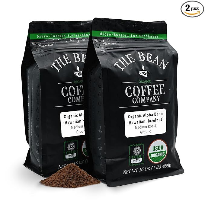 The Bean Organic Coffee Company offers a delicious coffee blend called Aloha Bean, which features a medium roast and is infused with Hawaiian hazelnut flavor. This ground coffee is packaged in 16-ounce bags and comes in a pack of two, making it ideal for those who enjoy having plenty of coffee on hand.