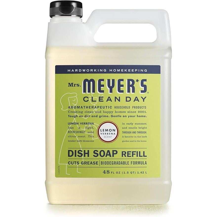 Mrs. Meyer's Clean Day Liquid Dish Soap Refill in Lemon Verbena is a biodegradable formula designed to effectively clean dishes while being gentle on both your hands and the environment. This refill pack contains 48 ounces of dish soap, allowing you to easily refill your existing Mrs. Meyer's Clean Day dish soap bottles.