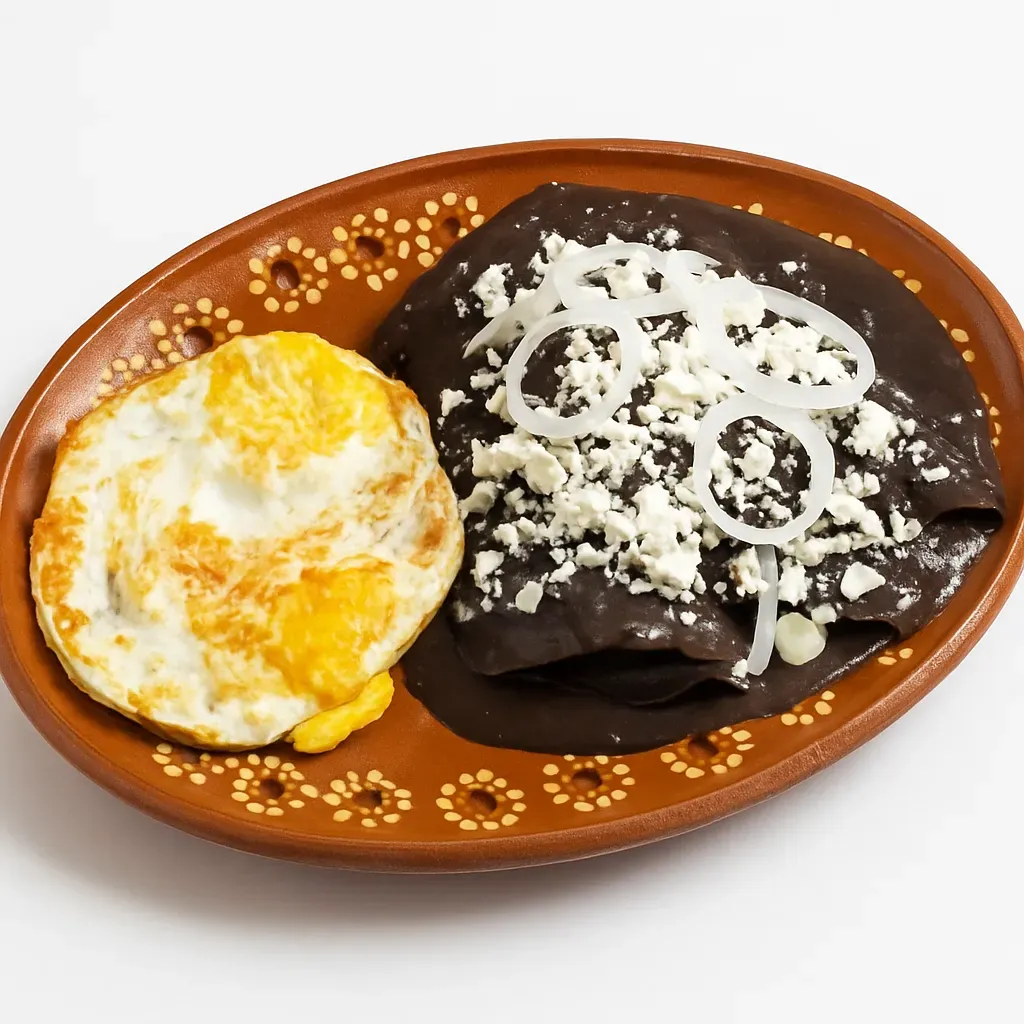 A traditional Oaxacan dish made with corn tortillas dipped in a rich black bean sauce, topped with crumbled cheese, sliced onions, and fried eggs. Perfect for breakfast or a light meal, this recipe highlights local ingredients and vibrant flavors.