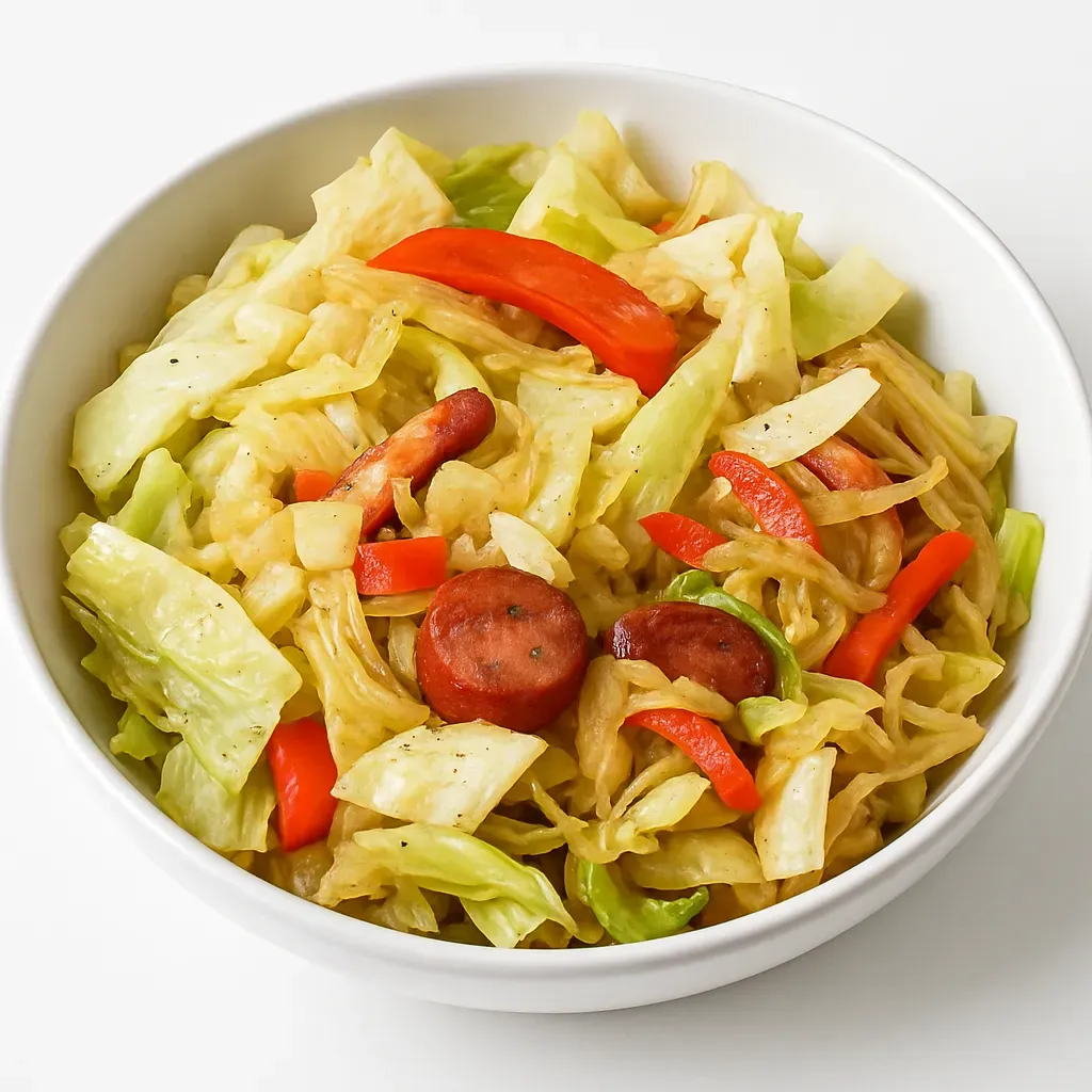 A comforting and savory Polish dish that combines tender cabbage, flavorful sausages, vibrant bell peppers, and crispy bacon in a quick stir-fry with łazanki pasta.