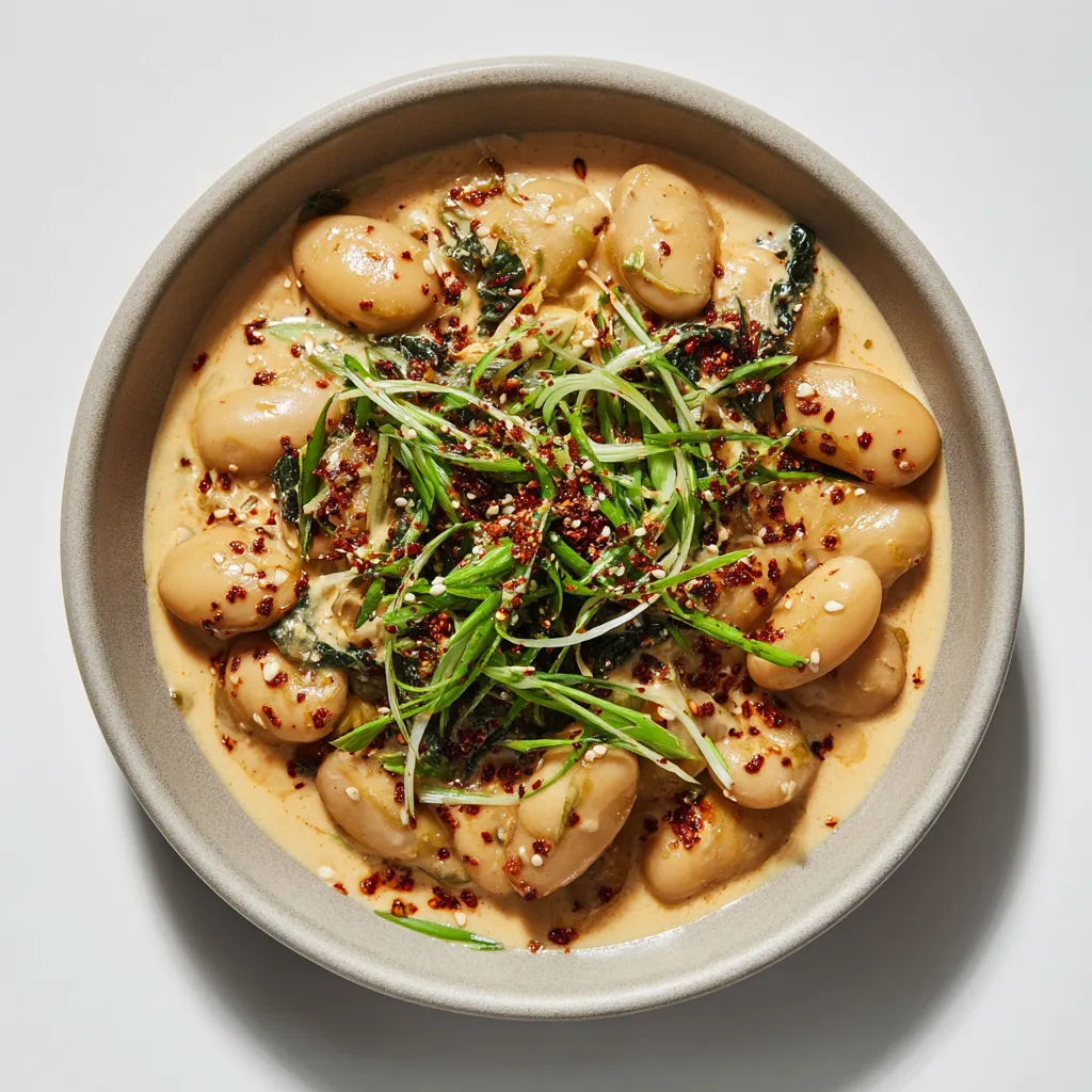 A creamy and satisfying Asian-inspired dish, featuring gigante beans tossed in a savory chili sesame sauce, accompanied by a vibrant scallion salad.