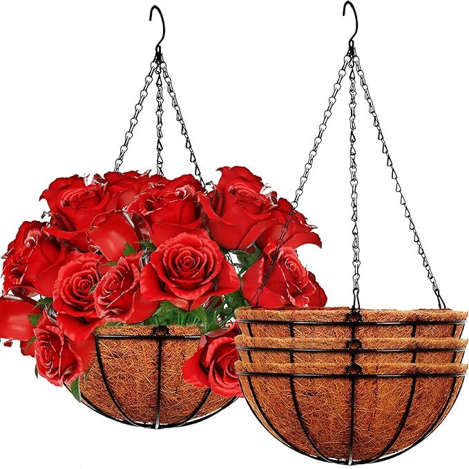 The 4 Pack 10 inch Metal Hanging Planters Basket with Coco Coir Liner is a set of four outdoor hanging baskets designed for plants. Each basket is made of metal wire, providing durability and stability for your plants. The included coco coir liner helps with moisture retention and allows for proper drainage to keep your plants healthy.