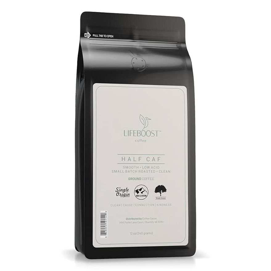 Lifeboost Coffee Half Caff Ground Coffee is a premium blend made from hand-picked, single origin beans that are grown in the mountains of Nicaragua. This coffee is certified USDA organic and non-GMO, ensuring that it is free from any harmful chemicals or pesticides.