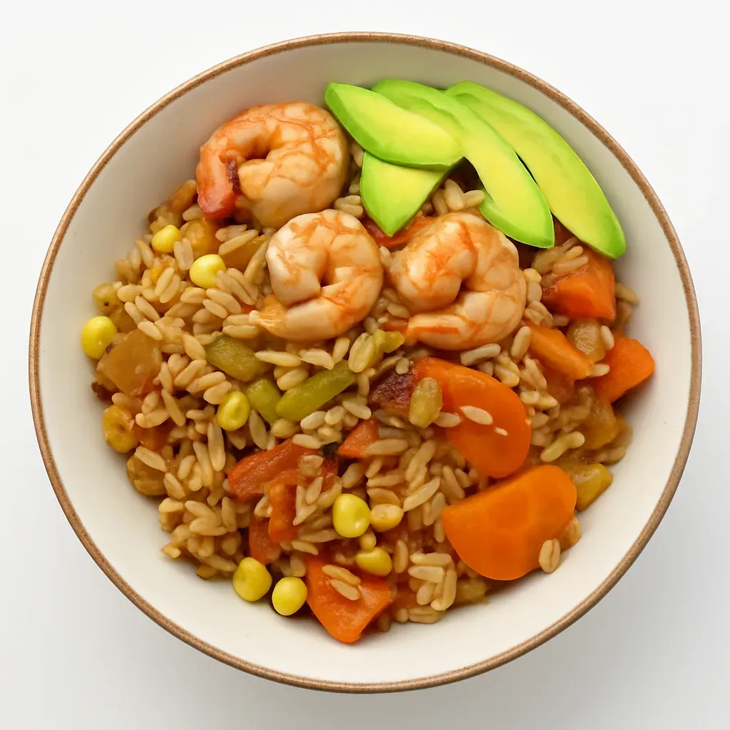 A delightful fusion dish that combines the rich flavors of Mexican and Asian cuisines, featuring crispy bacon, succulent shrimp, and fresh vegetables in a savory fried rice.