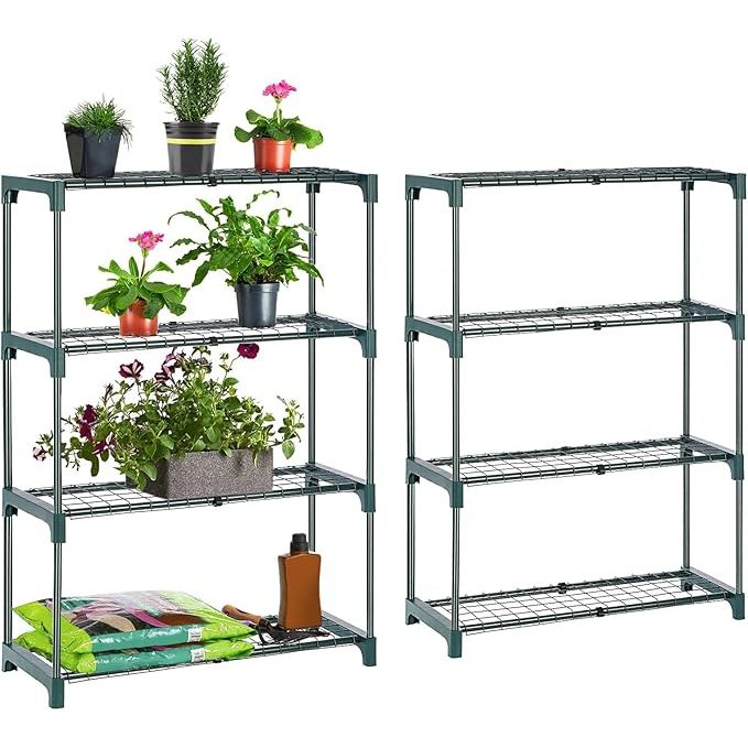 The Garden Shelving Staging set is a versatile and practical solution for organizing and displaying your plants and gardening accessories. Made of durable powder-coated steel tubes and wire mesh, each shelf can hold up to 22 lbs per tier, ensuring the safety of your potted plants.