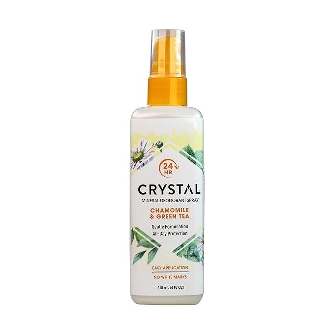 Crystal Mineral Deodorant Spray in Chamomile & Green Tea is an all-over body deodorant that comes in a 4.0 Oz spray bottle. This deodorant is made with natural mineral salts that help to eliminate odor-causing bacteria on the skin, providing long-lasting protection without harsh chemicals or artificial fragrances.