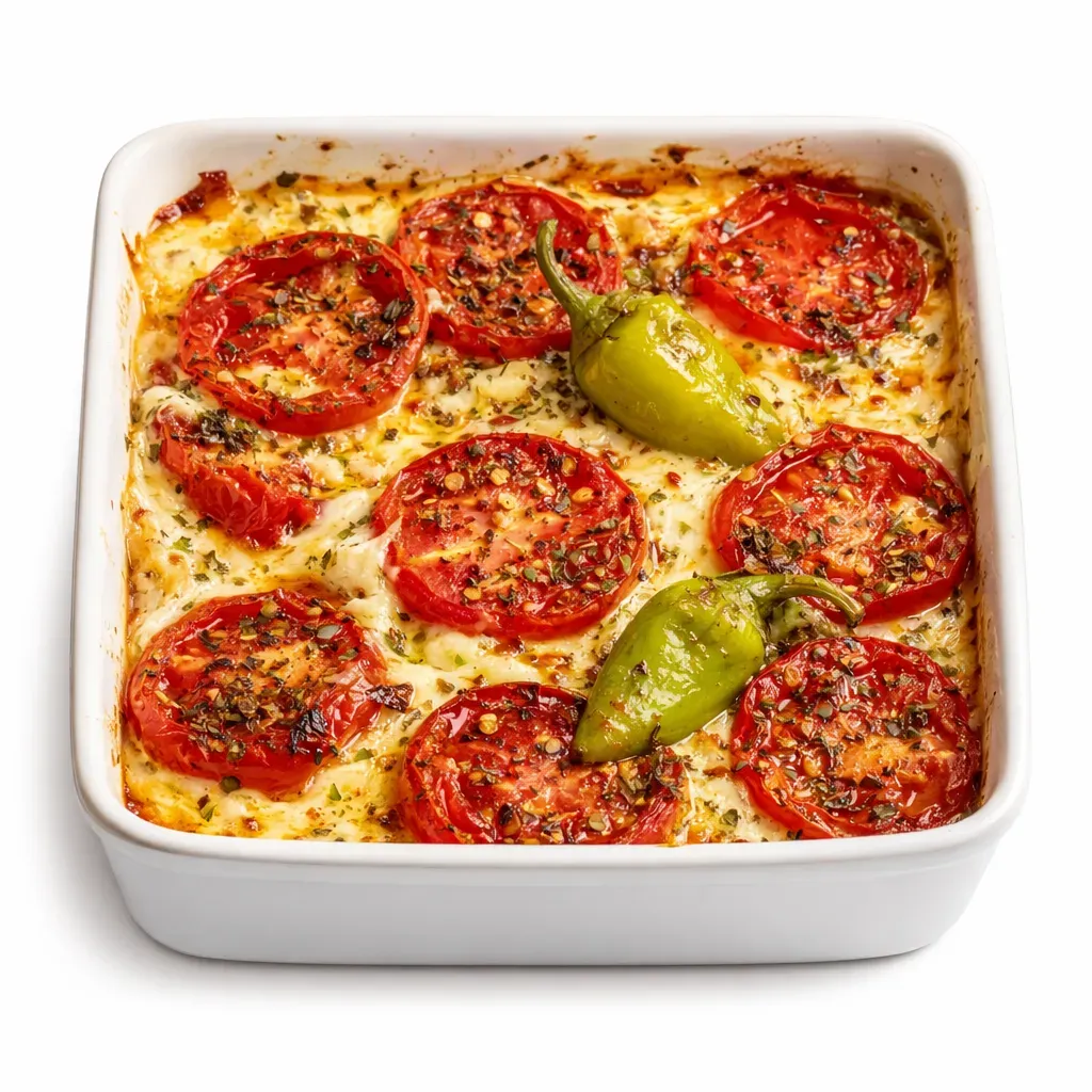 Savor the taste of Greece with this delicious Bouyourdi, a classic appetizer that combines creamy feta and gouda cheeses, tangy tomatoes, and roasted peppers, all seasoned with oregano and crushed red pepper flakes.