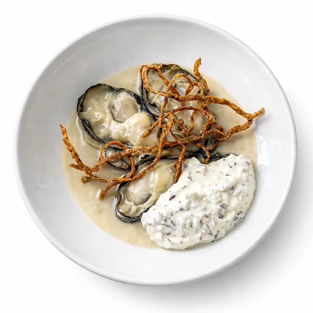 A luxurious appetizer featuring poached oysters, buckwheat velouté, and creamy dulse onion topping, served with crispy buckwheat galette chips.