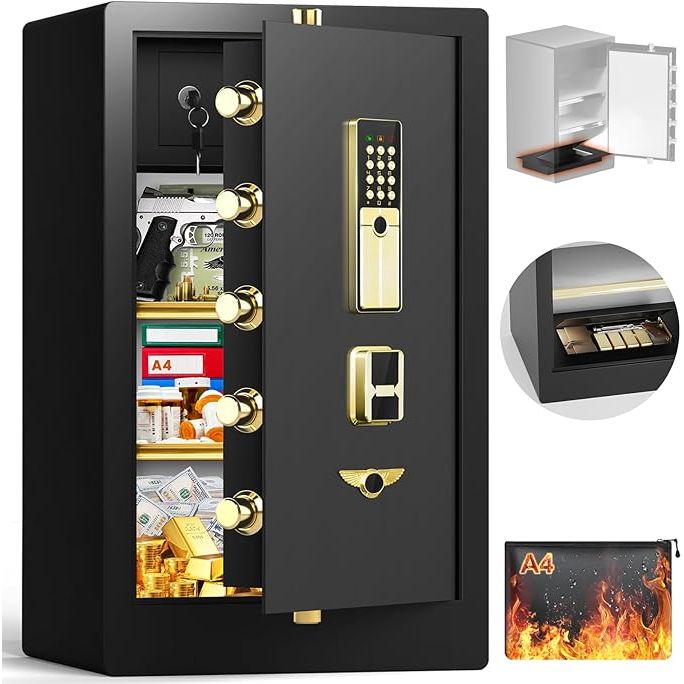 The 8.1 Cuft Super Large Steel Security Home Safe Box is a heavy-duty document safe that offers both fireproof and waterproof protection for your valuables. It comes with a fireproof waterproof bag that adds an extra layer of protection for important documents and items such as cash, jewelry, and ammo.