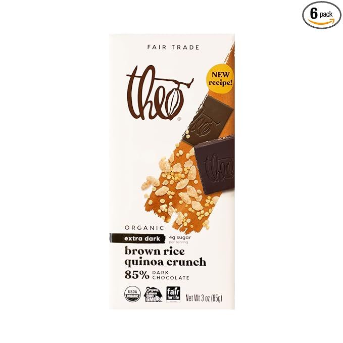 The Theo Chocolate Brown Rice Quinoa Crunch Organic Dark Chocolate Bar is a premium, high-quality chocolate bar made with 85% cacao. It is crafted with organic ingredients, including brown rice and quinoa for a satisfying crunch and added nutritional benefits.