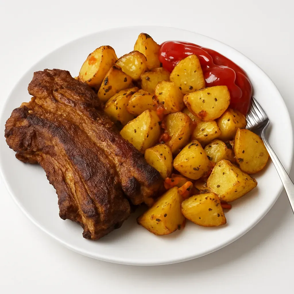A hearty dish featuring succulent pork ribs paired with crispy golden potatoes, perfect for a comforting dinner.
