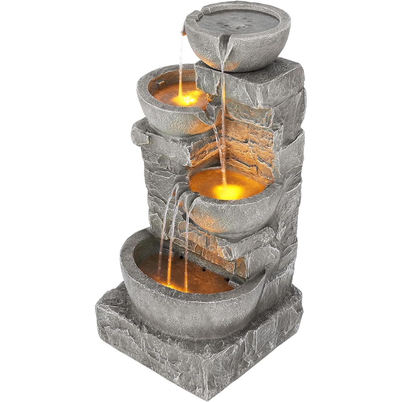 The Teamson Home 33.25 in. Cascading Bowls and Stacked Stones LED Outdoor Water Fountain is a stylish and functional addition to any outdoor space. This fountain features a cascading design with multiple bowls and stacked stones, creating a soothing and calming water feature for your garden, patio, balcony, or lawn.