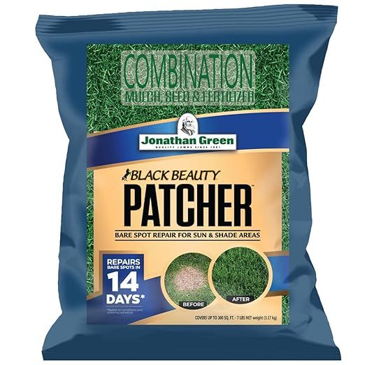 Jonathan Green Black Beauty Patcher is a lawn care product designed to repair bare spots in both sun and shade areas. This all-in-one product contains cool season grass seed, fertilizer, and mulch to promote healthy growth and quick germination. With a weight of 7 lbs, this package is suitable for treating small to medium-sized areas of your lawn.