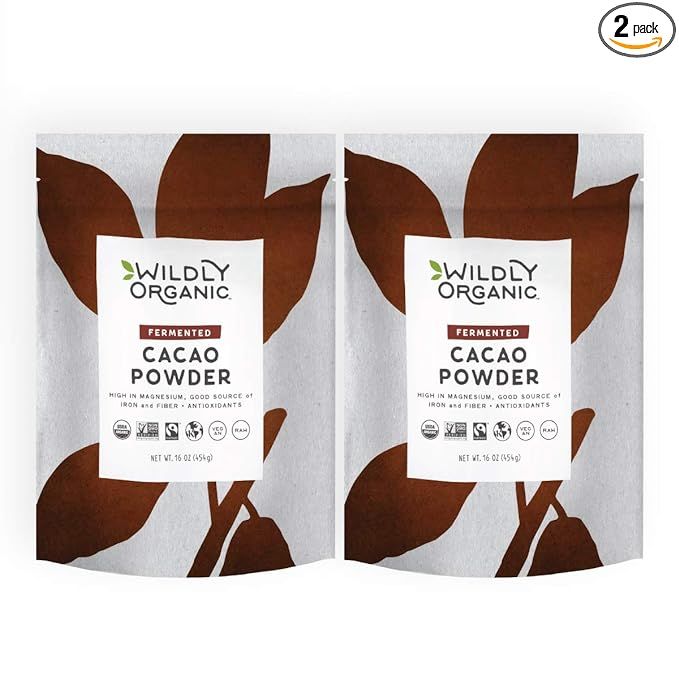 Wildly Organic Fermented Cacao Powder 2-Pack comes in two 16 oz bags, providing a total of 1 lb of organic cacao powder. This cacao powder is non-alkalized, high in antioxidants, raw, unprocessed, and sourced from fair trade practices. It is also non-GMO, kosher, and vegan, making it suitable for a variety of dietary preferences.