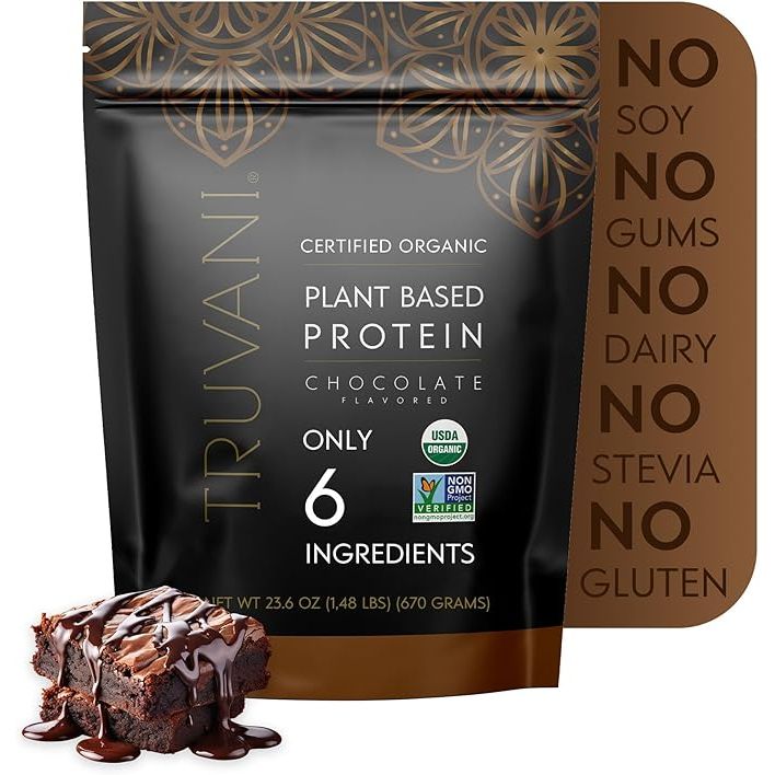 Truvani Vegan Pea Protein Powder in chocolate flavor offers 20 grams of organic plant-based protein per serving. With 20 servings per container, this powder is formulated to support a vegan lifestyle and promote overall health and wellness.