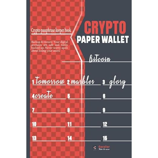 Crypto PAPER WALLET: 24 Pages wallet recovery sheets for writing private recovery phrase list mnemonic seed keys in a 6x9 cryptocurrency notebook for safe cold storage image