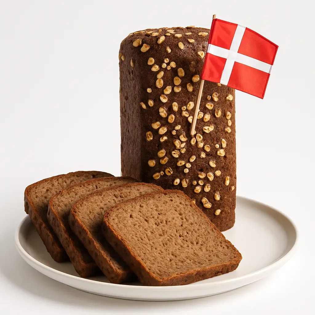 A dense and hearty sourdough rye bread from Denmark, perfect for open-faced sandwiches or enjoyed with butter.