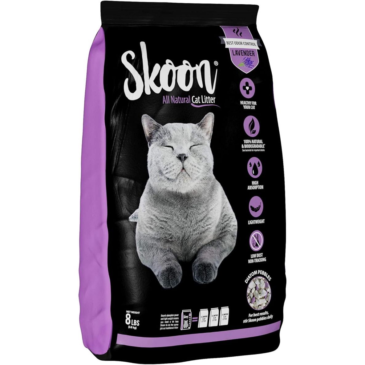 Skoon All-Natural Cat Litter in Lavender Scent is a top choice for cat owners who prioritize eco-friendly and non-toxic products. This lightweight litter is made from naturally occurring minerals and does not contain any synthetic chemicals or fragrances, making it safe for both cats and humans.