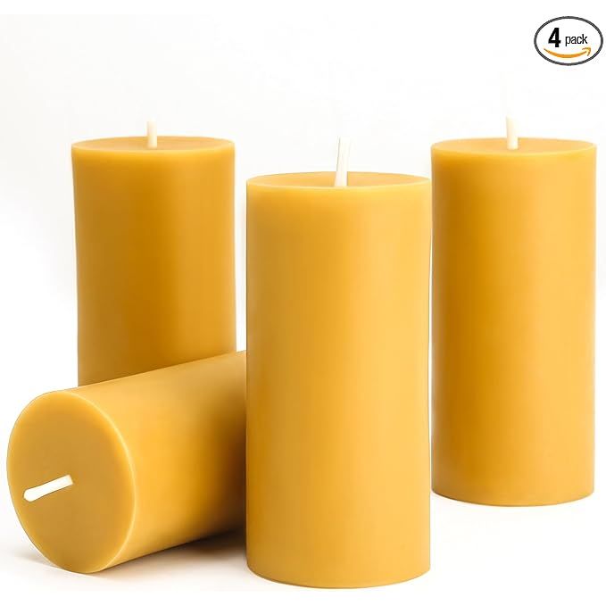 Natural Beeswax Pillar Candles are a set of 4 candles, each measuring 2x4 inches, made from 100% pure beeswax. These candles have a long burn time of up to 140 hours, making them ideal for use during emergencies, prayer, or as home decor.