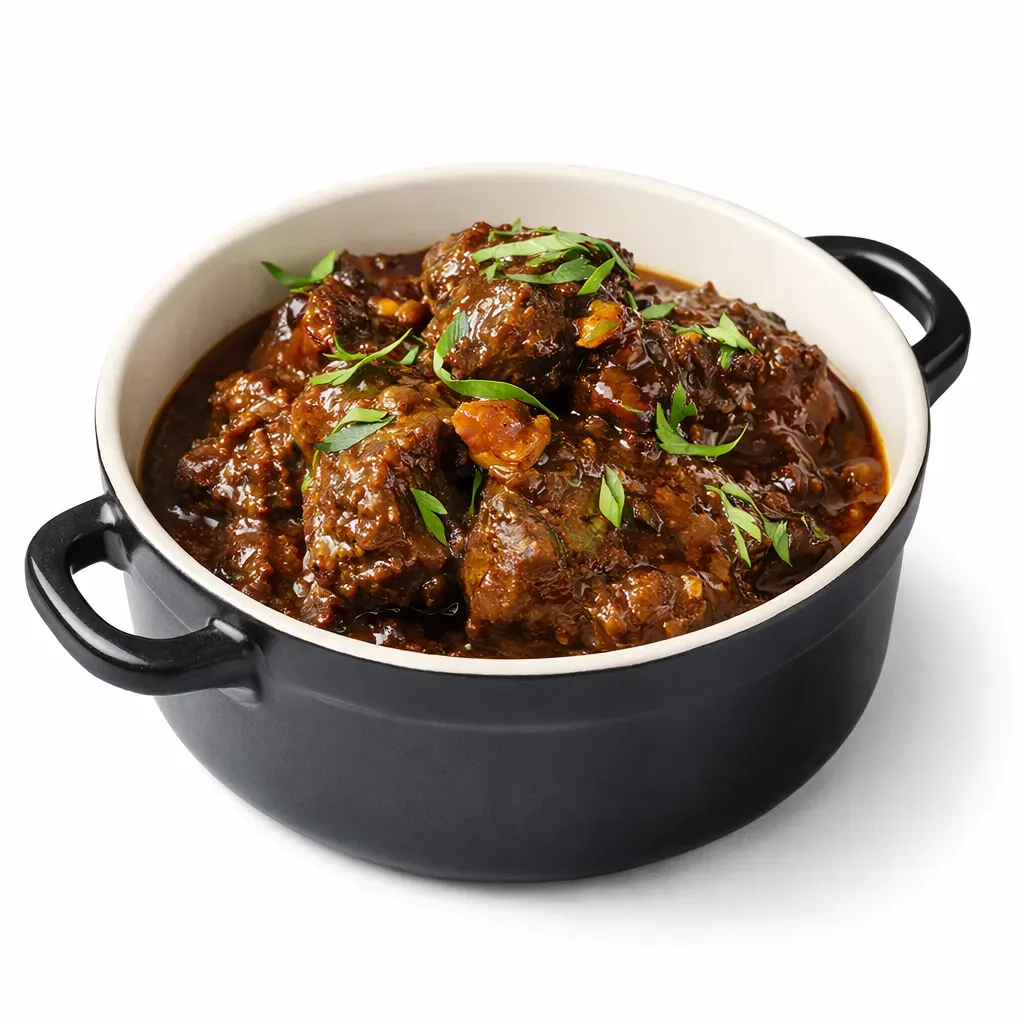 A hearty Belgian-French beef stew featuring tender beef, caramelized onions, and a hint of brown sugar, simmered in a rich brown Belgian beer base.