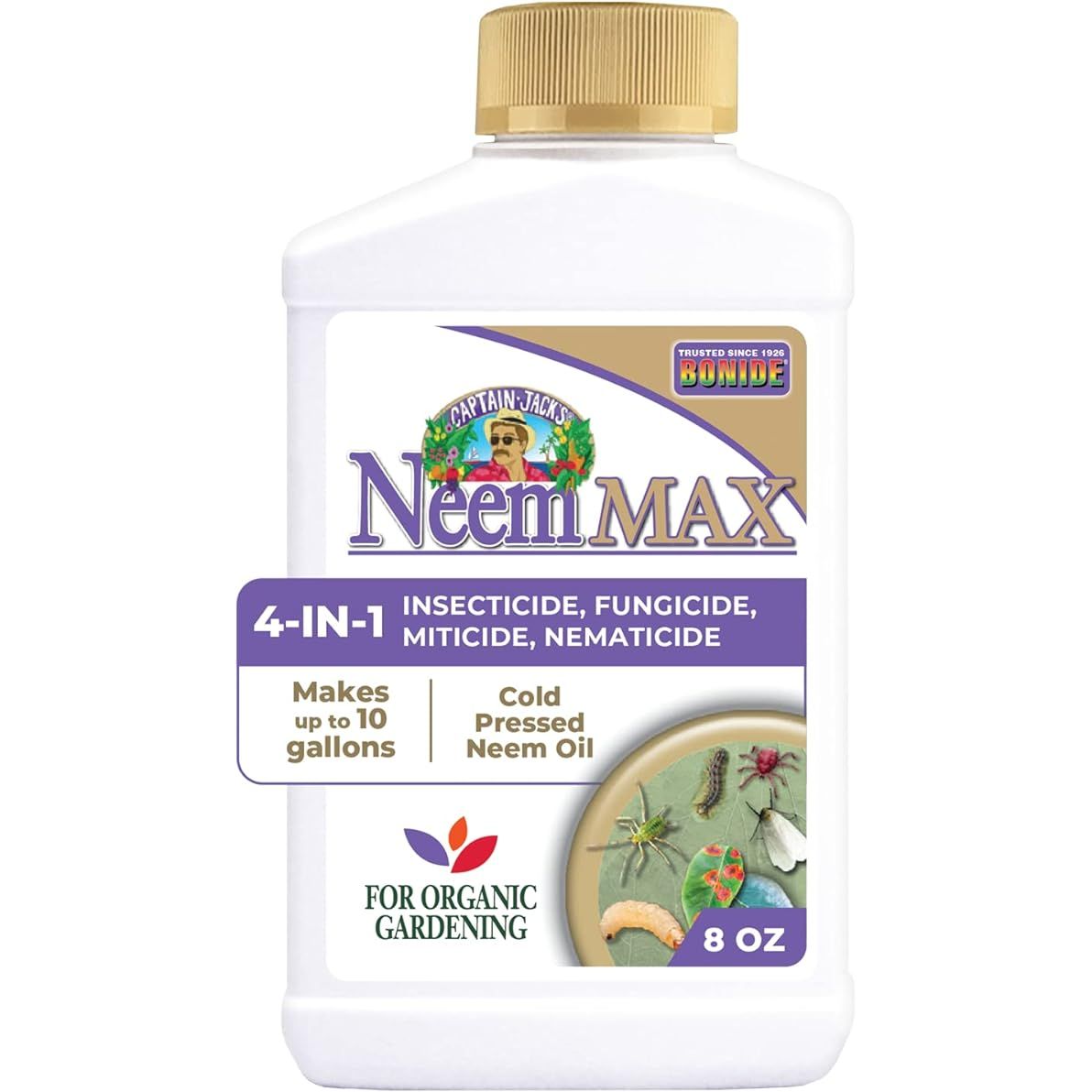 Bonide Captain Jack's Neem Max is an 8 oz concentrated formulation of cold-pressed neem oil, which is derived from the seeds of the neem tree. This product is specifically designed for organic gardening and serves as a multi-purpose insecticide, fungicide, miticide, and nematicide.