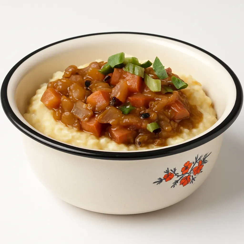 Embrace the warmth of Estonian tradition with Mulgipuder, a rustic dish of savory porridge made with barley and potatoes, topped with fried meat and onions, perfect for outdoor gatherings.