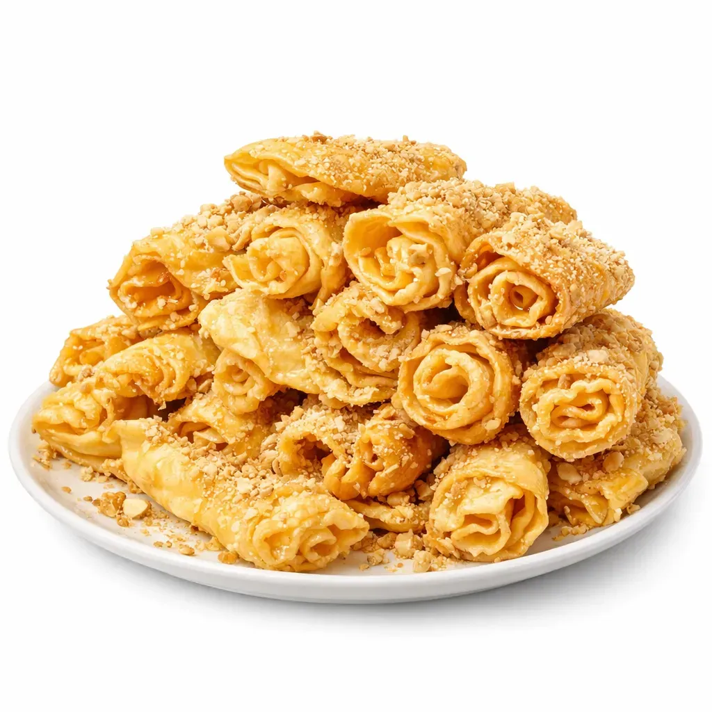 A deliciously crispy Greek dessert hailing from the Peloponnese, featuring thin dough dipped in honey, often enjoyed during celebratory moments.