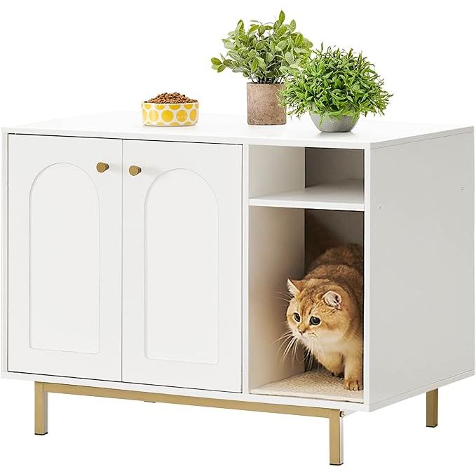 The Cat Litter Box Enclosure is a multi-functional piece of furniture designed to provide a stylish and discreet solution for cat owners. This elegant piece serves as a hidden litter box furniture, wooden pet house, side end table, storage cabinet, and bench all in one.