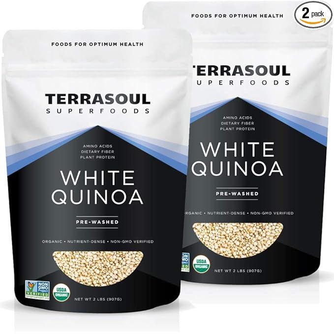 Terrasoul Superfoods Organic White Quinoa is a 4-pound bag of whole grain quinoa that is pre-washed, gluten-free, and certified organic. Quinoa is a nutrient-rich grain that is high in plant protein and fiber, making it a popular choice for those looking to add more nutrition to their diet.