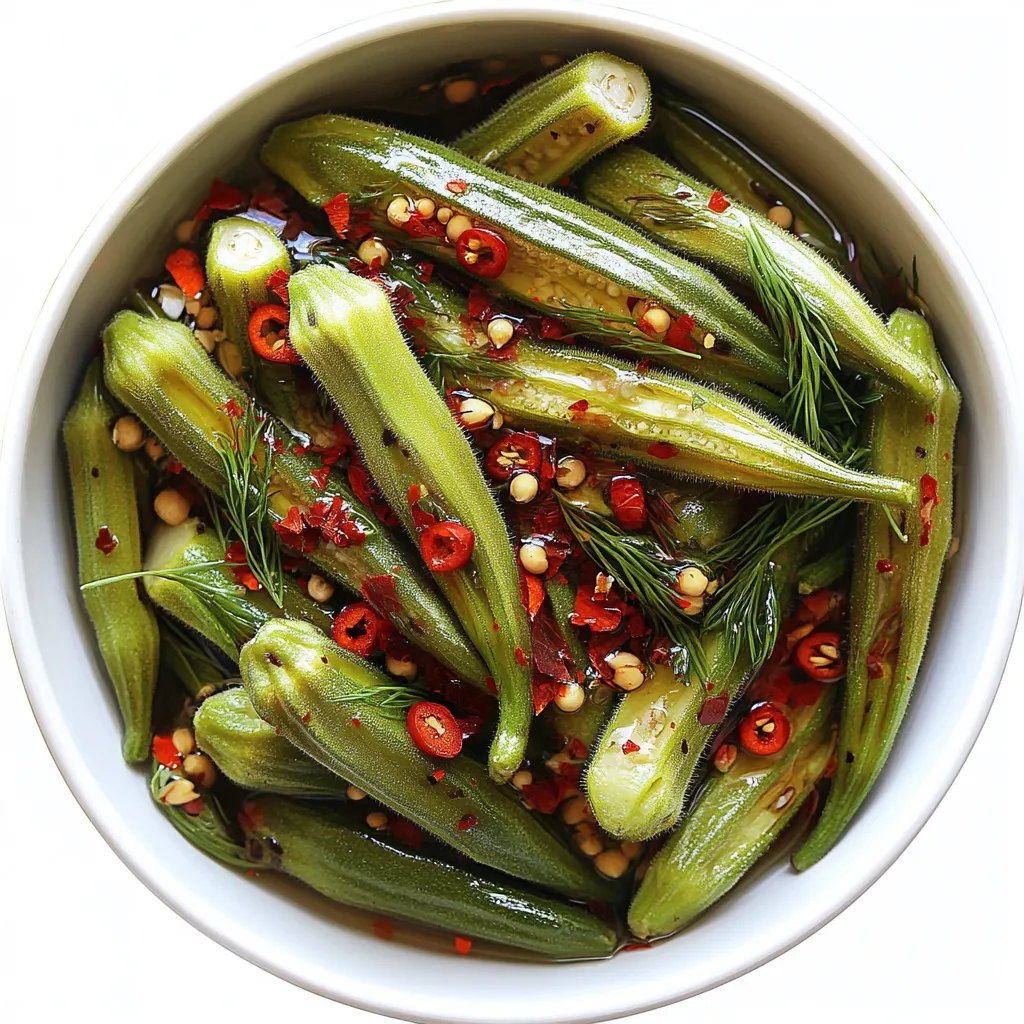 Pickled Okra is a tangy and crunchy snack that has its roots in Southern cuisine, perfect for those who love a vinegary bite with a hint of spice. This recipe involves marinating fresh okra pods in a vinegar-based brine with garlic, dill, and a variety of spices such as mustard seeds, coriander, and pepper flakes.