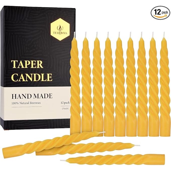 The 12 pcs Natural Beeswax Spiral Taper Candles are an elegant and eco-friendly option for adding warmth and ambiance to any setting. These dripless short candle sticks are perfect for use during dinner parties, weddings, Christmas celebrations, or as everyday home decorations.