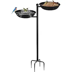 This metal bird bath is a 2-tier heavy-duty birdbath standing at 48 inches tall with a 4-prong stake for stability in outdoor settings. It is designed to attract and provide water for birds in your outdoor garden, patio, yard, or lawn.